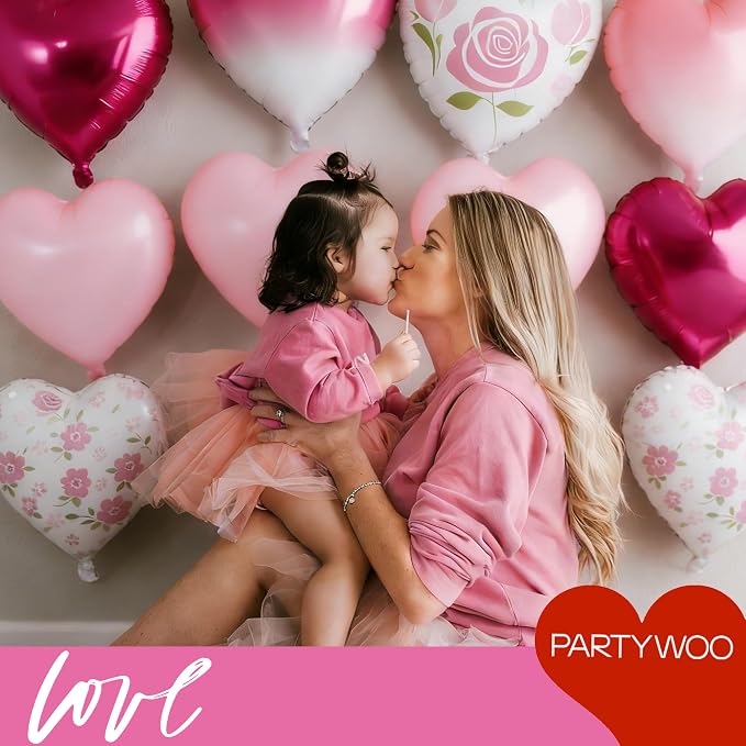 PartyWoo Pink White Rose Hot Pink White Heart Foil 15pcs Balloons 18 Inch | - Image 3