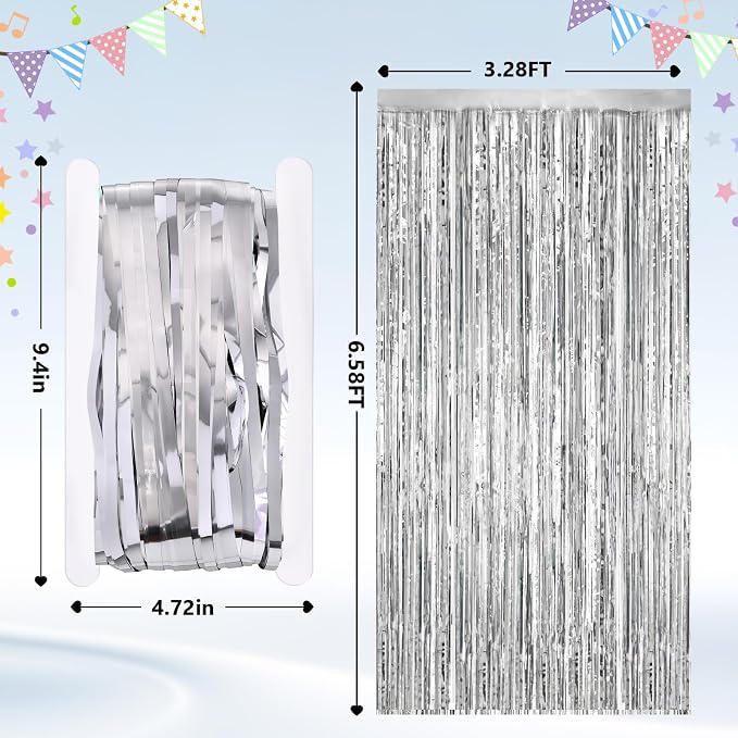 2Pack Silver Metallic Tinsel Foil Fringe Curtains, Door Streamer Photo Booth - Image 3