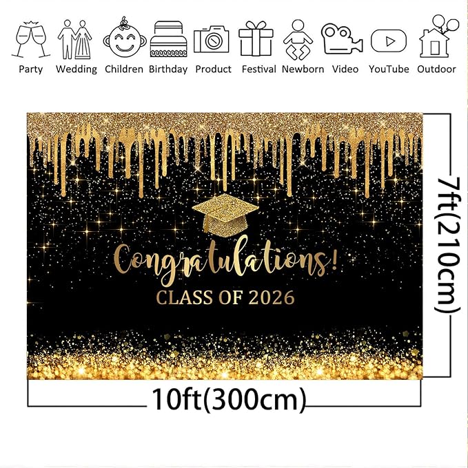 Mocsicka 10x7ft Graduation Backdrop 2026 Black and Gold Graduation Decorations - Image 5