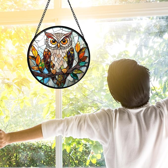 DASTOLL Stained Glass Window Hanging, Owl Colorful Leaves Birds Sun Catchers - Image 3