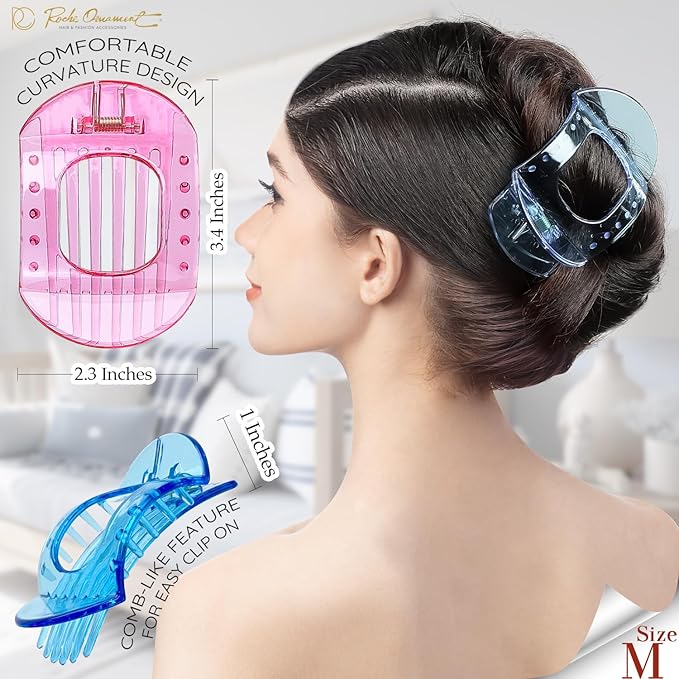 RC ROCHE 6 Pcs Flat Claw Hair Clips for Women Thick Hair French Round Duckbill Square Secure Strong Hold Grip Clamps Barrettes Curved No Slip No Crease Plastic Styling Cute, Medium Transparent