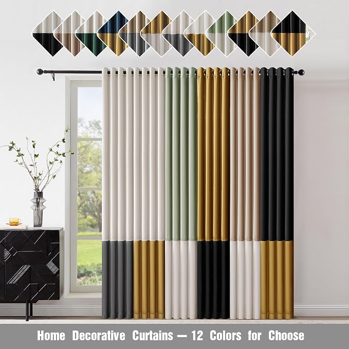Blue Beige Velvet Blackout Curtains Luxury Decor 102 inches, Color Block | - Image 6
