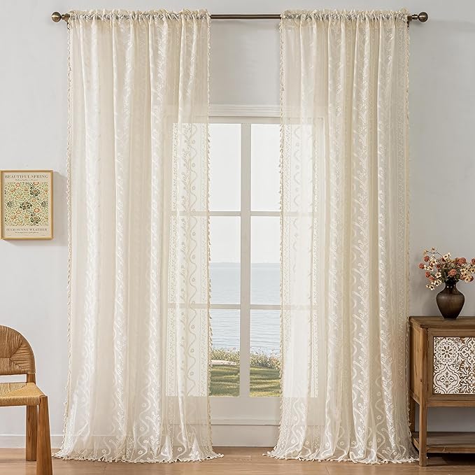 WAZZIO Boho Lace Curtains 2 Panels 90 Inches -Cute Vintage Victorian Sheer - Image 4