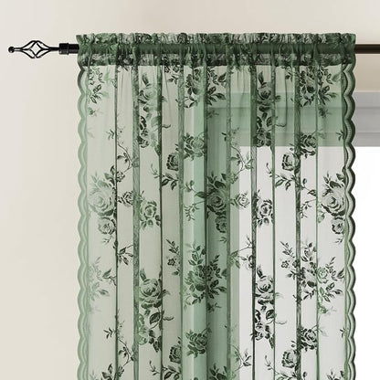 Dark Green Lace Curtains 108 Inches Long 2 Panels Vintage Emerald Green Floral - Image 3