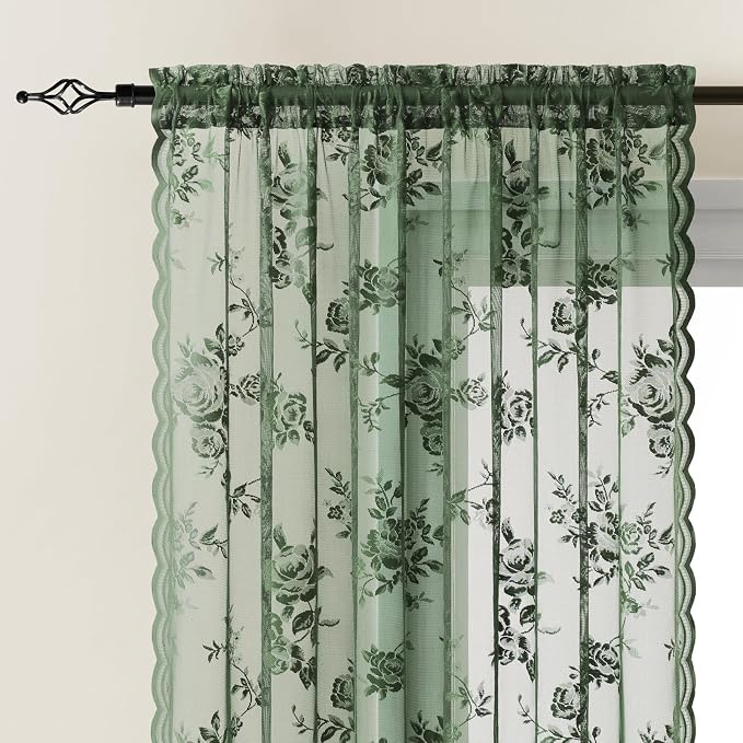 Dark Green Lace Curtains 63 Inch Length 2 Panels Set Country Floral Sheer - Image 3