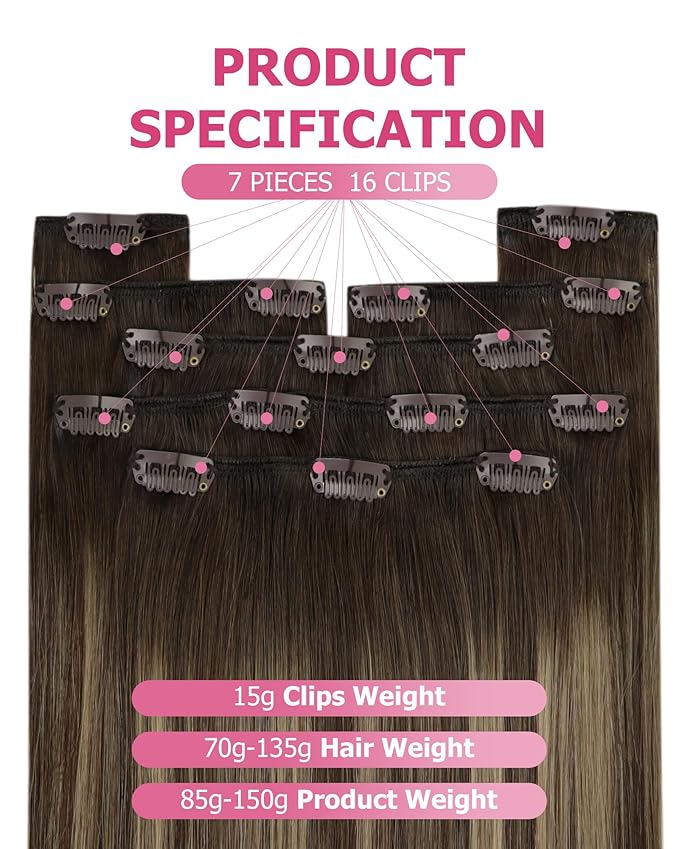 YoungSee Clip in Human Hair Extensions Balayage Brown Human Hair Clip in Extensions Balayage Chocolate Brown Mix Caramel Blonde Hair Extension Real Hair Clip ins for Women 16Inch 120G