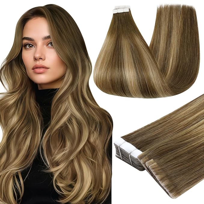 Full Shine Machine Remy Tape in Hair Extensions 20 Inch Color 4/24/4 Brown Fading to Blonde and Brown Real Skin Weft Tape in Extensions Human Hair 50G Double Sided Brazilian for Wedding 20Pcs