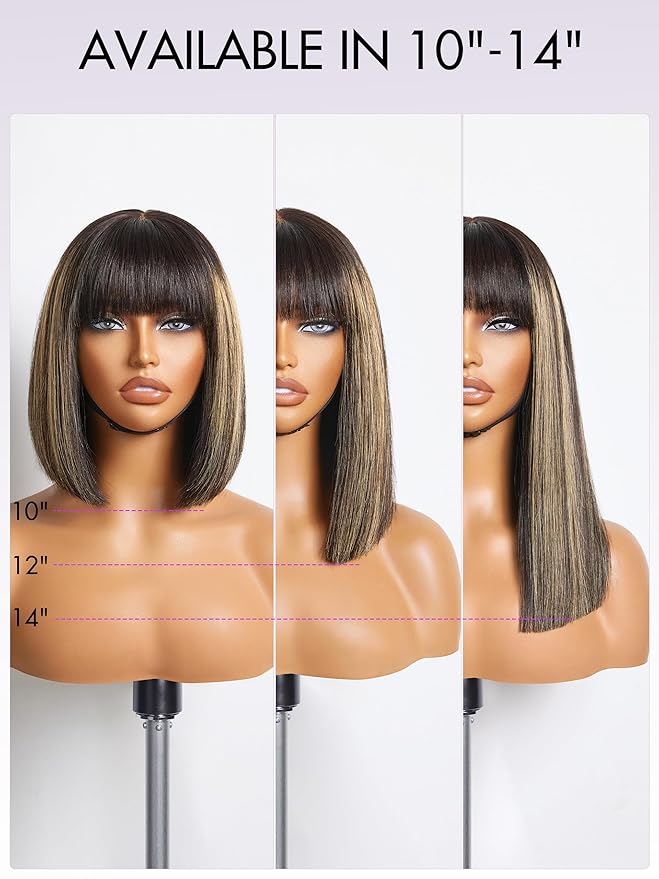LUVME HAIR 10 Inch Blonde Highlight Bob Human Hair Wig with Bangs Glueless HD Lace Bang Wig True Scalp Ready to Go Silky Straight Highlight Human Hair Short Wig with Bangs (Breathable Cap)
