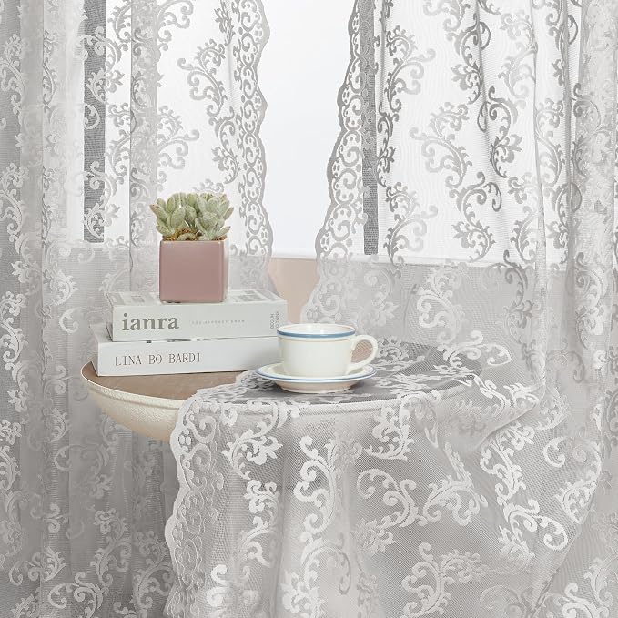FOLKSIDE Grey Lace Curtains 54 Inch Length 2 Panels Paisley Pattern Rod Pocket - Image 5