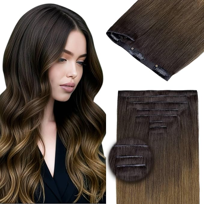 DOORES Invisible Clip in Hair Extensions 22 Inch 110g 7pcs, Real Human Hair Invisi Edge Virgin Clip ins Extensions Straight Thickening, 1D/2C/4E Natural Black to Dark Brown and Chocolate Brown