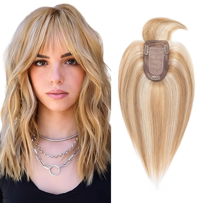 SEGO Hair Toppers for Women Real Human Hair with Thinning Hair, Toppers Hair Clip in Toppers with Front Bangs 150% Density Silk Base -6 Inch #12/613 Golden Brown Mix Bleach Blonde