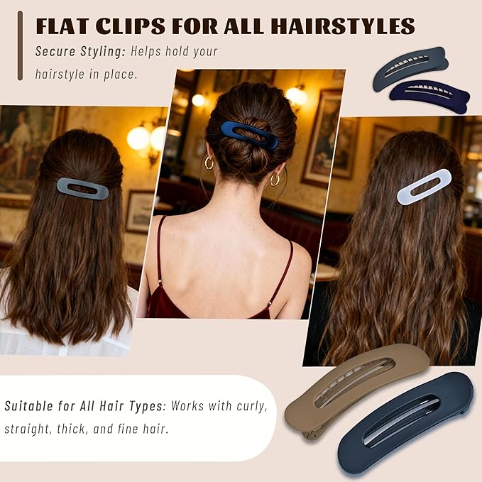 4 Pcs Flat Hair Clips for Women - Large Matte Flat Claw Clips for Thin Hair, Stylish Hair Accessories for Daily Styling, Matte Series (Navy Blue, Coffee, Gray Blue, Beige)