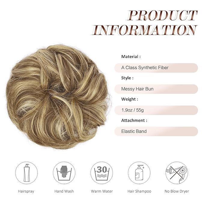 FESHFEN Messy Bun Hair Piece - Large Elastic Wavy Curly Hair Bun Scrunchies Ponytail Extensions Synthetic Chignon Hairpieces for Women, Sand 1.94oz