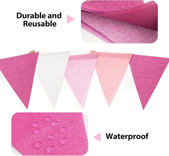 G2PLUS Pre-Strung Burlap Pennant Banners, 39Ft Pink Fabric Triangle Flag Bunting - Image 3