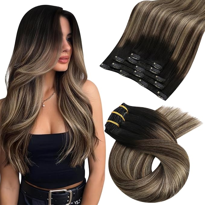 Moresoo Clip in Hair Extensions Real Human Hair Black to Blonde with Brown Human Hair Clip in Extensions Short Ombre Natural Black to Dark Brown with Golden Blonde 80g/5pcs 10 inch
