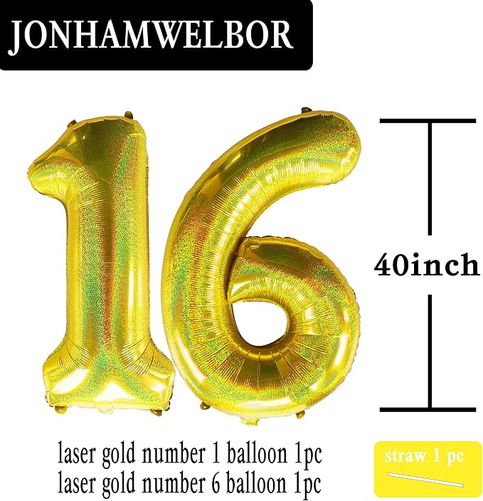 Jonhamwelbor 40 Inch Laser Gold 16 Balloon Numbers Foil Mylar Giant Balloon - Image 2