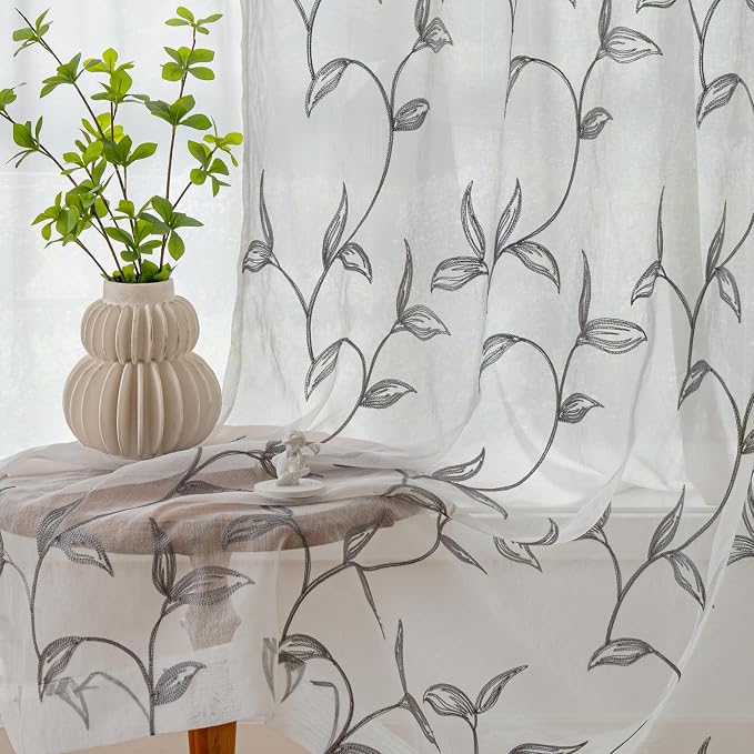 Sheer Curtains Boho Leaf Floral Embroidered Grey 54Wx102L | Light Filtering by VISIONTEX