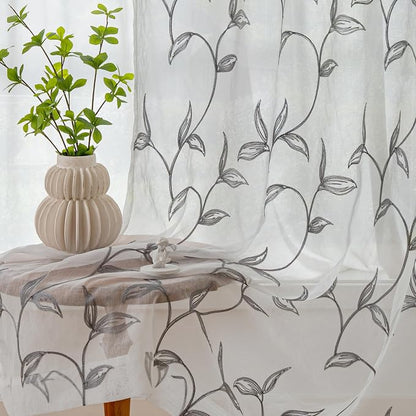 Sheer Curtains Boho Leaf Floral Embroidered Grey 54Wx102L | Light Filtering by VISIONTEX