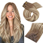 Moresoo Seamless Human Hair Clip in Extensions Ombre Seamless Clip in Human Hair Extensions Balayage Light Brown Mixed Golden Blonde 7pcs/120g 14inch