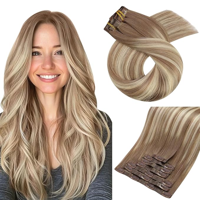 Moresoo Seamless Clip in Hair Extensions Human Hair Ombre Light Brown Mixed Golden Blonde Balayage Human Hair Seamless Clip in Extensions PU Weft 7pcs/120g 16inch