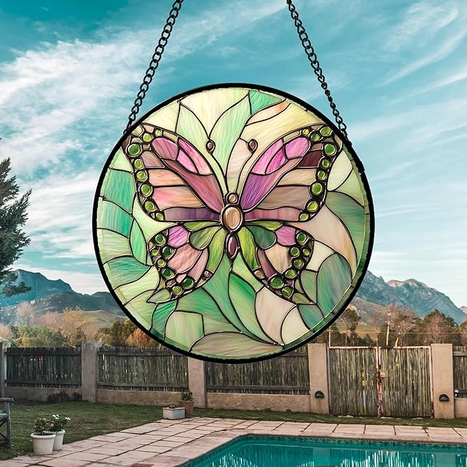 DASTOLL Stained Glass Window Hanging 4 Pcs Set Pink Green Insect Theme 6.3" - Image 3