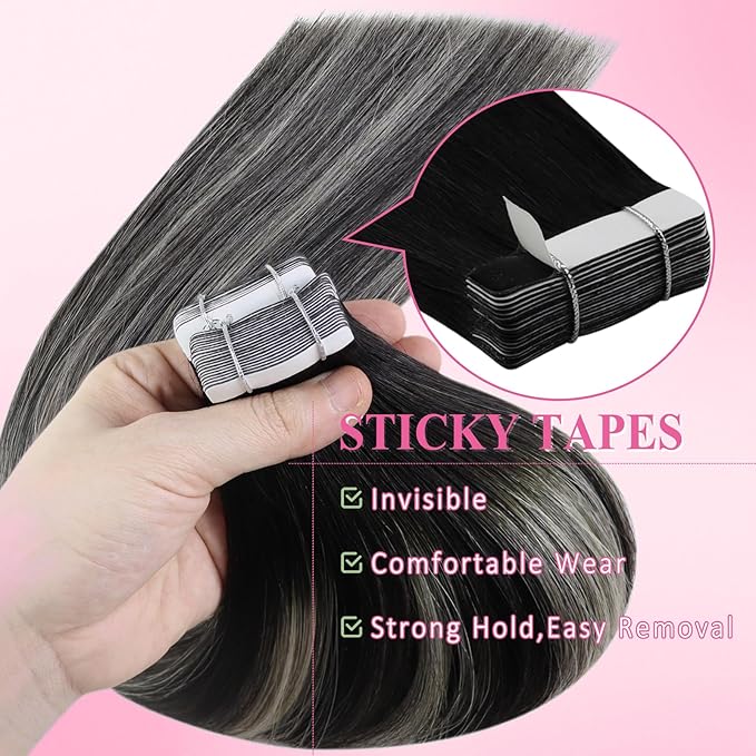 YoungSee Human Hair Tape in Extensions Ombre Black Hair Extensions Real Human Hair Tape in Invisible Tape-in Black Hair Extension for Women Easy to Put 20inch 50g 20pcs