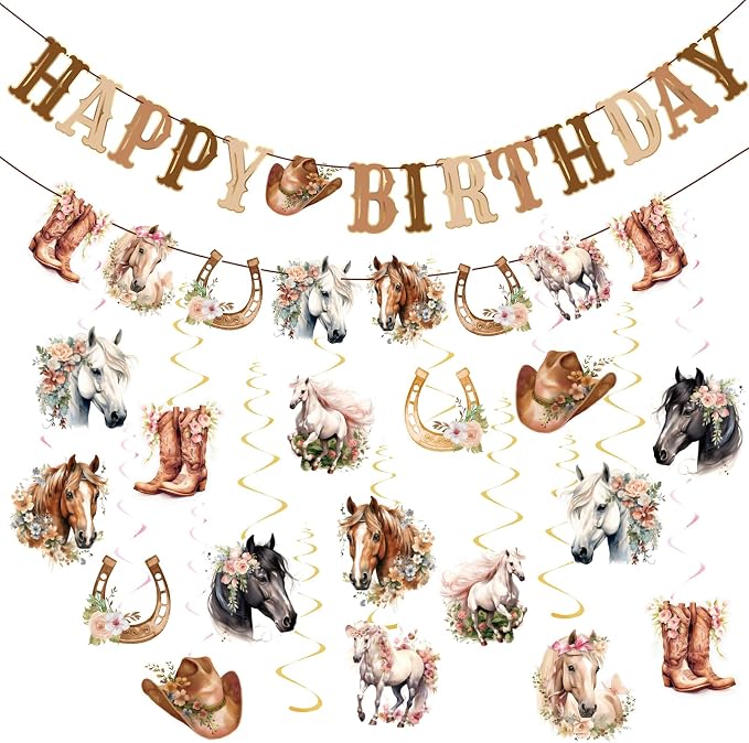 Horse Birthday Decorations for Girls, Happy Birthday Banners, Western Party for by OBBOLO