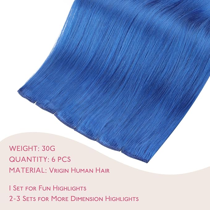 WENNALIFE Blue Clip in Hair Extensions Real Human Hair 35g 6pcs 18 Inch Colored Hair Extensions for Kids Women Colorful Hair Pieces Pop-up Style Straight Extensiones De Cabello Humano Con Clip