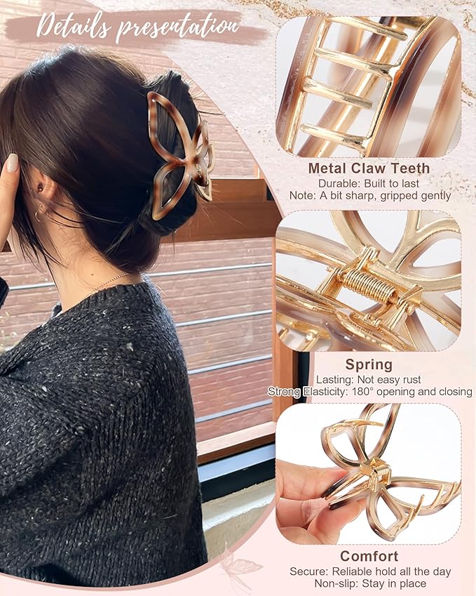 HAIMEIKANG 3 PCs Metal Acrylic Hair Bow Claw Clips - Strong Hold Non-Slip Large Gold Clips for Thick Hair