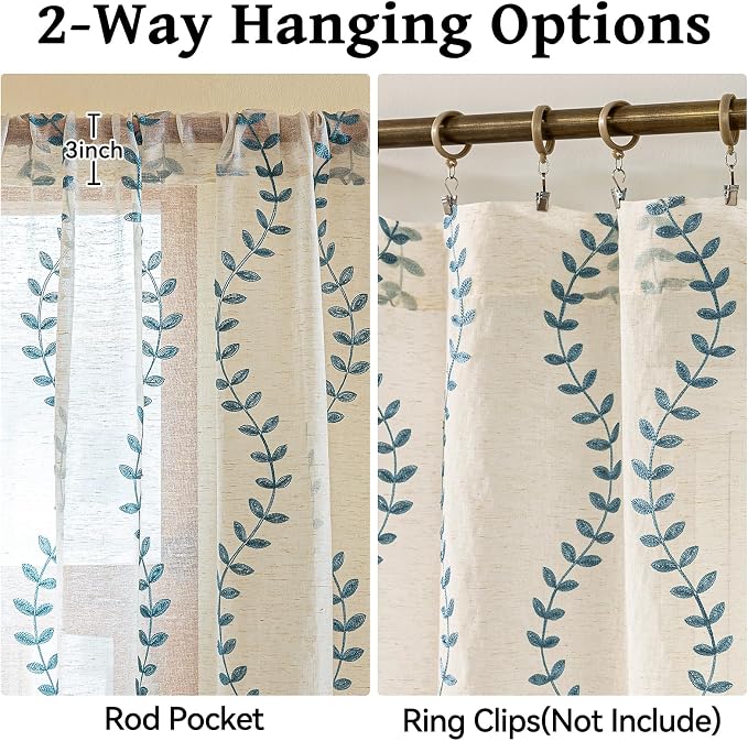 2 Panels Linen Leaf String Floral Embroidered Semi Sheer Curtain Farmhouse - Image 5