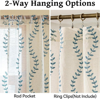 2 Panels Linen Leaf String Floral Embroidered Semi Sheer Curtain Farmhouse - Image 5