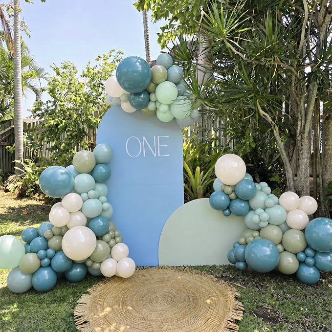 Boho Blue Green balloons, 12 Inch Sage Green Dusty Blue and Sand White Latex - Image 6