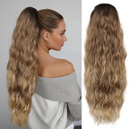 LEEONS 26 inch Drawstring ponytail Extension, Long Wavy pony tails hair extensions for Women - Synthetic Hairpiece Ponytail for Daily Use (Blonde mixed Brown with Dark Roots)