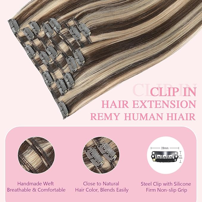 PINKPEARL Clip in Hair Extensions Human Hair 14inch 120g 7pcs Remy Human Hair Extensions Clip in #4P27 Chocolate Brown Highlighted Caramel Blonde Clip Hair Natural Human Hair(#4P27-14)