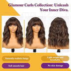 Short Curly Bob Wig with Bangs,Brown Highlight Synthetic Wigs for Women 18IN