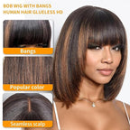 Bob Wig Human Hair with Bangs Glueless 2.5x1 HD Lace Colsure Wigs Human, Bob Wig with Brown Highlights, Ready to Go Short Wigs For Women Beginner Friendly 14 Inch