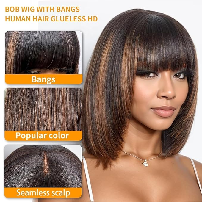 Bob Wig Human Hair with Bangs Glueless 2.5x1 HD Lace Colsure Wigs Human, Bob Wig with Brown Highlights, Ready to Go Short Wigs For Women Beginner Friendly 14 Inch