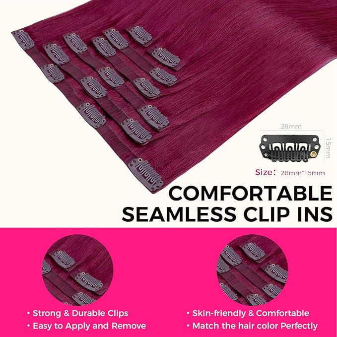Lashey Seamless Clip in Hair Extensions Human Hair 110g 7pcs Burgundy #99j Straight 18 Inch Hair Extensions Clip ins with Soft Invisible PU Weft for Women