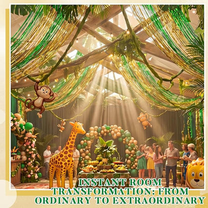 4 Pcs 15ft Gold Green Metallic Foil Ceiling Fringe Curtains, Fringe Drapes - Image 5