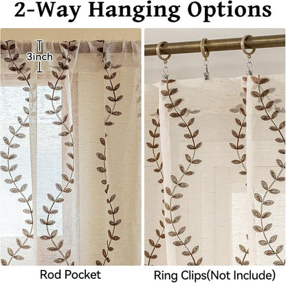 2 Panels Linen Leaf String Floral Embroidered Semi Sheer Curtain Farmhouse - Image 5