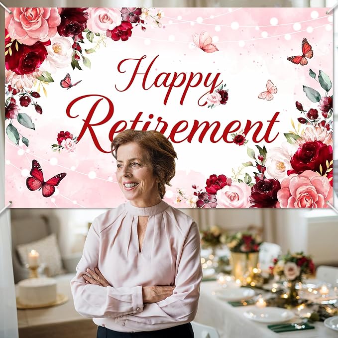 Happy Retirement Banner for Women Burgundy Floral Retirement Party Decorations - Image 5