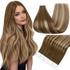 Full Shine Tape in Hair Extensions 20 Inch Color 4/27/60/8 Medium Brown Ombre Blonde and Ash Brown Invisible Double Sided Tape in Extensions Human Hair 20PCS Straight Remy Hair 50grams for Party