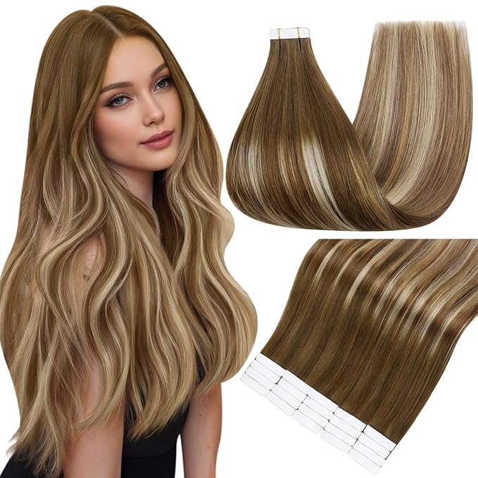 Full Shine Tape in Hair Extensions Human Hair 16 Inch Seamless Skin Weft Hair Extensions Tape in Color 4 Brown Ombre 8 and 27 Blonde Highlight 60 Balayage Remy Straight Hair 50grams 20PCS Add Volume