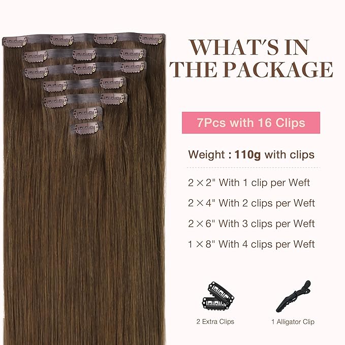 GOO GOO Clip in Hair Extensions Real Human Hair, Remy Human Hair Extensions Clip ins for Women, Natural Human Hair, 24inch 140g 7Pcs, #4A Chocolate Brown