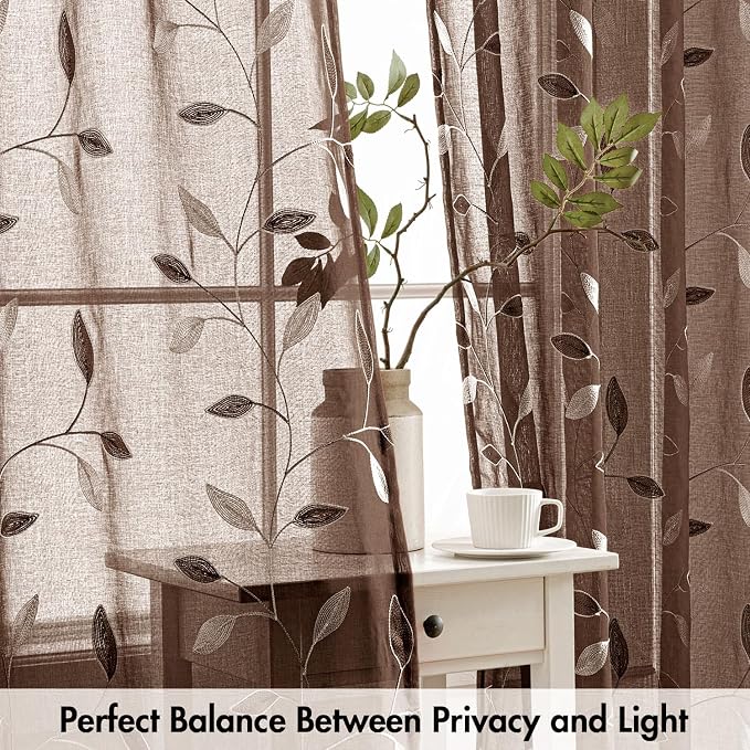 MIULEE Chocolate Brown Sheer Curtains 2 Panels Leaf Patterned, W52 x L84 | - Image 5