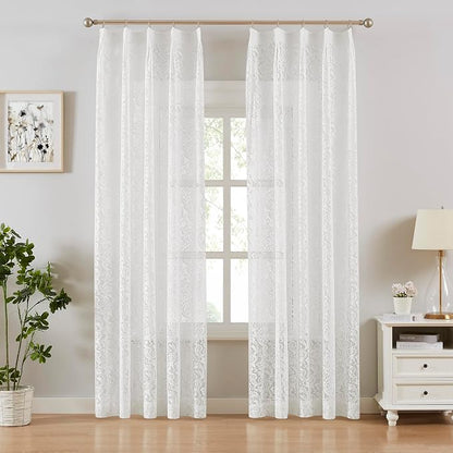 Bujasso White Lace Pinch Pleat Curtains 63 inch, Vintage Floral Sheer Drapes - Image 2