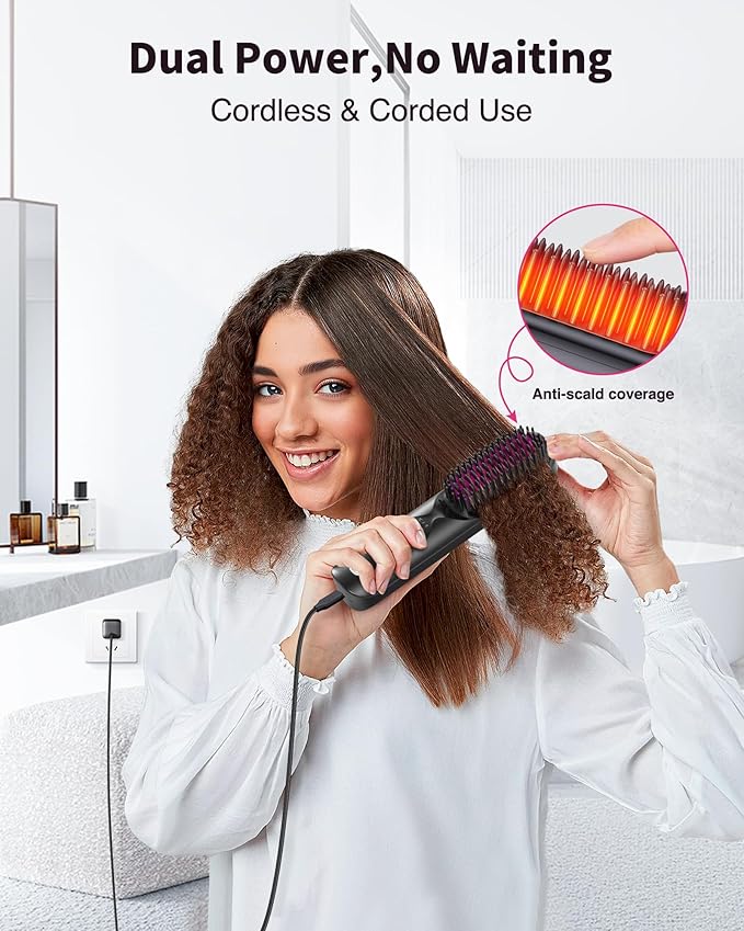Cordless Hair Straightener Brush - Portable Hair Straightening Brush for Travel - 300M Negative Ions for Frizz-Free Shine, Touch Up On-The-Go, Fast Heating, Gift for Women, 10,000mAh, Charcoal Black