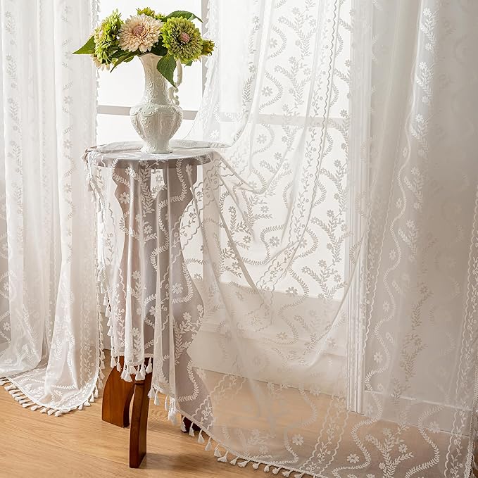 WAZZIO White Boho Lace Curtains 96 Inch -Cute Vintage Victorian Sheer Panel by WAZZIO
