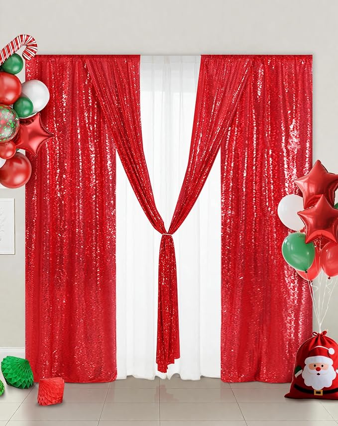 Eternal Beauty Red Sequin Backdrop Curtains, 4 Panels 2x8FT | 3mm Sparkle - Image 6