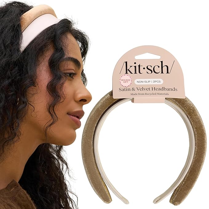Kitsch Velvet & Satin Headbands for Women - Non Slip, Soft and Lightweight - Stylish Headbands for Girls with Chic Neutral Shades | Ideal Gifts for Women - Cream & Camel, 2pc Set